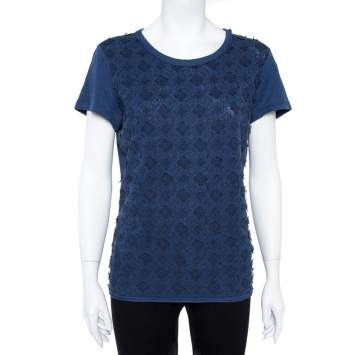 Pre Owned Louis Vuitton Navy Blue Linen Monogram Embroidered Top XL