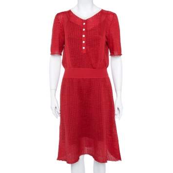 Pre Owned Louis Vuitton Red Rib Silk Knit Cinched Waist Dress L