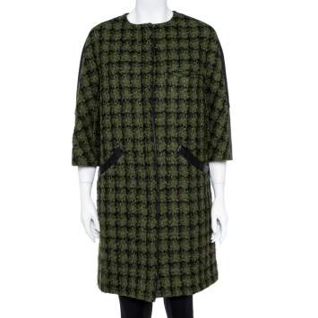Pre Owned Louis Vuitton Green Tweed & Leather Trim Coat M