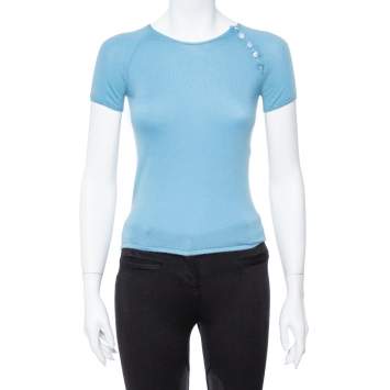 Pre Owned Louis Vuitton Powder Blue Cashmere Monogram Buttoned Top S