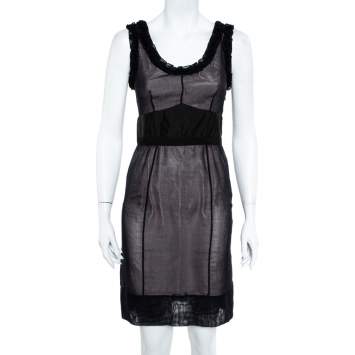 Pre Owned Louis Vuitton Black Silk Ruffle Detail Contrast Lined Sheath Dress S