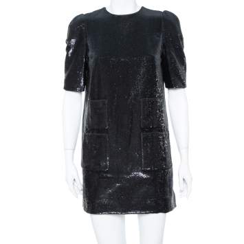 Pre Owned Louis Vuitton Black Sequin Embellished Short Sleeve Shift Dress M