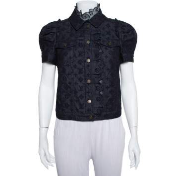 Pre Owned Louis Vuitton Indigo Monogram Eyelet Embroidered Denim Short Sleeve Shirt M