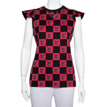 Pre Owned Louis Vuitton Black & Pink Logo Checkered Knit Sleeveless Top M