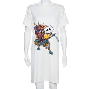 Pre Owned Louis Vuitton Cream Knit Sequin Embellished Samurai Detail T-Shirt Dress L