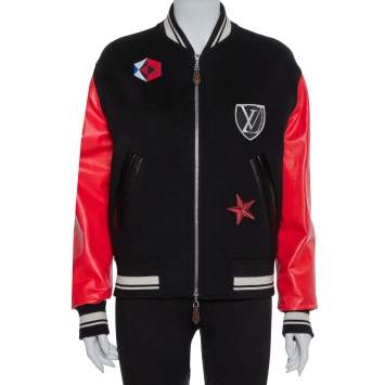 Pre Owned Louis Vuitton Black Wool Contrast Sleeve Varsity Jacket M
