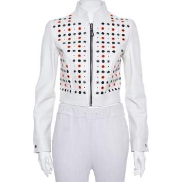 Pre Owned Louis Vuitton Ivory Leather Eyelet Detail Cropped Biker Jacket S