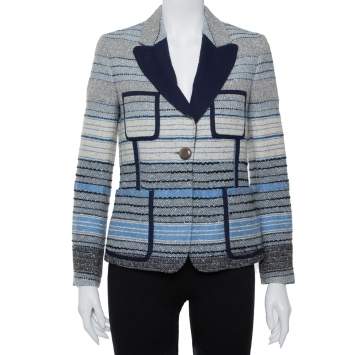 Pre Owned Louis Vuitton Navy Blue Striped Wool Tweed Button Front Blazer M