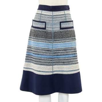 Pre Owned Louis Vuitton Navy Blue Striped Wool Tweed Knee Length Skirt M