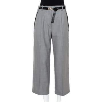 Pre Owned Louis Vuitton Grey Wool Pocket Overlap Detail Belted Cropped Trousers S