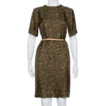 Pre Owned Louis Vuitton Dark Green Printed Silk Belted Shift Dress S