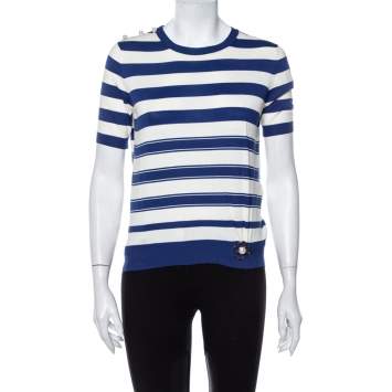 Pre Owned Louis Vuitton Blue & White Striped Cotton Shoulder Button Detail Top XS