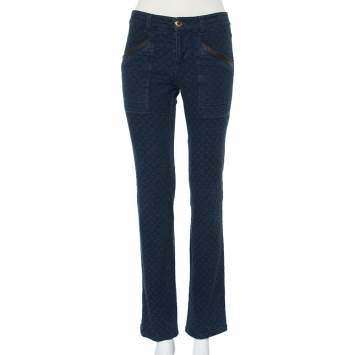 Pre Owned Louis Vuitton Navy Blue Denim Logo Jacquard Detail Tapered Leg Jeans M