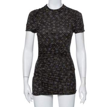 Pre Owned Louis Vuitton Black & Blue Logo Printed Wool Ruched Tunic M