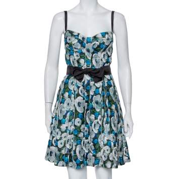 Pre Owned Louis Vuitton Blue Floral Printed Silk Belted Bustier Mini Dress M