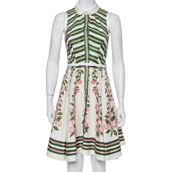 Pre Owned Louis Vuitton Beige Floral Painted Linen & Silk Belted Sleeveless Mini Dress S