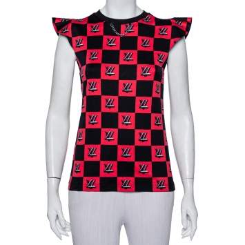 Pre Owned Louis Vuitton Black & Pink Logo Checkered Knit T-Shirt XS