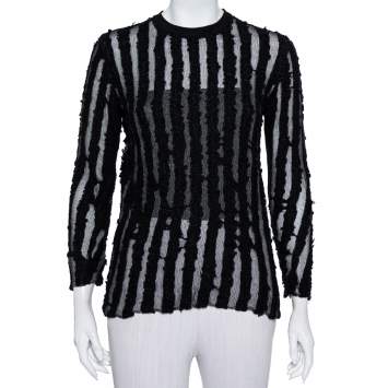 Pre Owned Louis Vuitton Black Wool & Mesh Striped Crewneck Sweater M