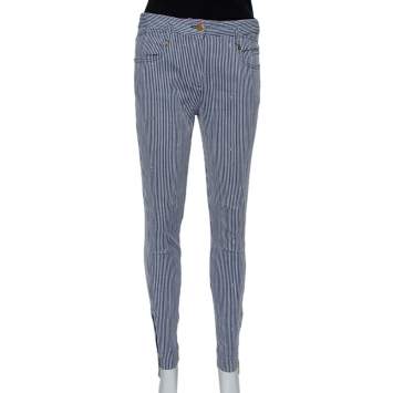 Pre Owned Louis Vuitton Navy Blue Striped Logo Jacquard Zipper Detail Skinny Trousers M