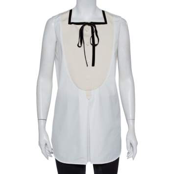 Pre Owned Louis Vuitton White Cotton Contrast Trim Neck Tie Detail Sleeveless Shirt L