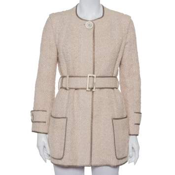 Pre Owned Louis Vuitton Cream Wool & Mohair Button Front Belted Jacket M