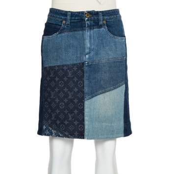 Pre Owned Louis Vuitton Indigo Colorblock Denim Monogrammed Patchwork Skirt M