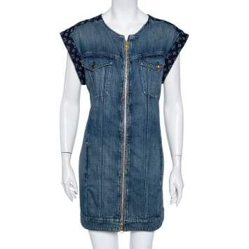 Pre Owned Louis Vuitton Two Tone Denim Logo Monogram Paneled Shift Dress L
