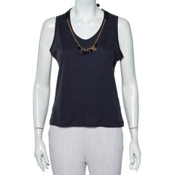 Pre Owned Louis Vuitton Navy Blue Cotton Knit Neck Charm Detail Tank Top L
