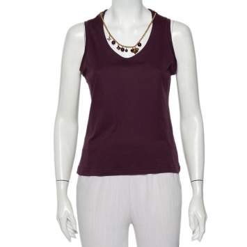 Pre Owned Louis Vuitton Purple Cotton Knit Neck Charm Detail Tank Top L
