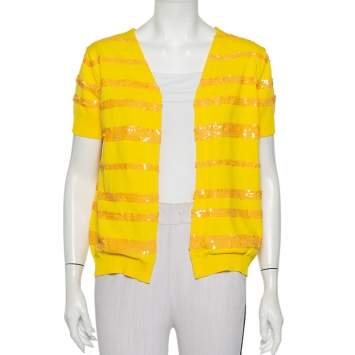 Pre Owned Louis Vuitton Yellow Sequin Embellished Knit Open Front Shrug M  