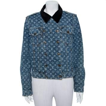 Pre Owned Louis Vuitton Blue Logo Monogram Denim Contrast Collar Detail Jacket L