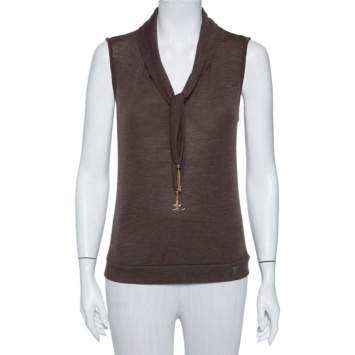 Pre Owned Louis Vuitton Brown Wool Neck Tie Detail Sleeveless Top L