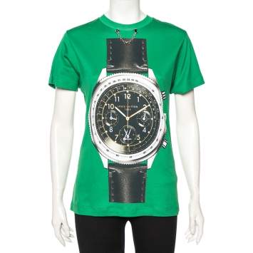 Pre Owned Louis Vuitton Green Printed Jersey Chain Detail Short Sleeve T-Shirt S