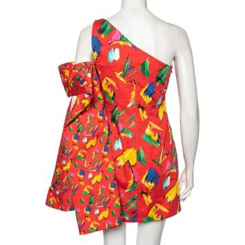 Pre Owned Louis Vuitton Red Printed One-Shoulder Billowed Sleeve Detailed Mini Dress S