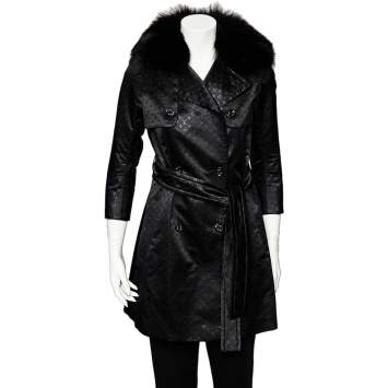 Pre Owned Louis Vuitton Black Logo Monogram Lurex Silk Fur Collar Belted Trench Coat S