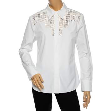 Pre Owned Louis Vuitton White Cotton & Eyelet Embroidered Yolk Detailed Button Front Shirt L