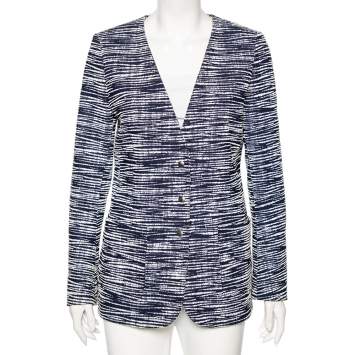 Pre Owned Louis Vuitton Navy Blue-White Textured Button Front Jacket L
