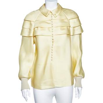 Pre Owned Louis Vuitton Cream Silk Ruffled Button Front Top S