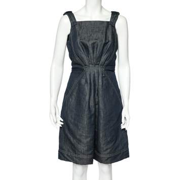 Pre Owned Louis Vuitton Blue Denim Ribbon Sleeve Detailed Gathered Short Dress M
