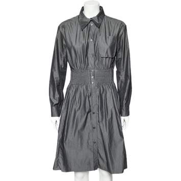 Pre Owned Louis Vuitton Grey Cotton Smocked Waist Detailed Shirt Dress M