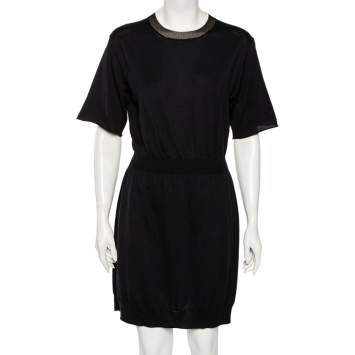 Pre Owned Louis Vuitton Black Silk Knit Lurex Trim Detail T-Shirt Dress M