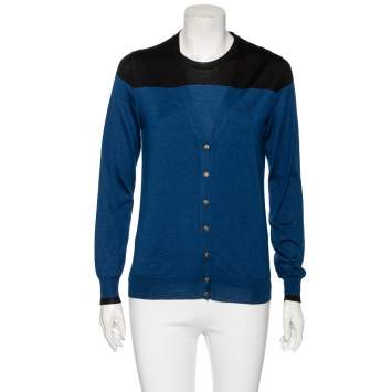 Pre Owned Louis Vuitton Blue-Black Paneled Silk Wool and Cashmere Top & Cardigan Set M