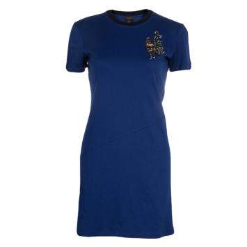 Pre Owned Louis Vuitton Blue Embroidered Motif Detail Crew Neck T-Shirt Dress S