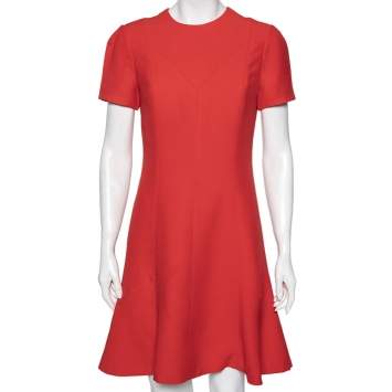 Pre Owned Louis Vuitton Red Wool Flared Hem Detailed Short Sleeve Dress M