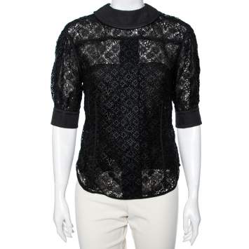 Pre Owned Louis Vuitton Black Lace Button Back Detail Top M