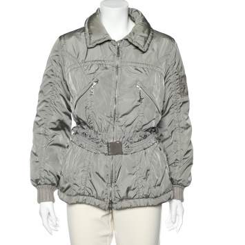 Pre Owned Louis Vuitton Light Grey Quilted Synthetic Belted Zip Front Jacket M