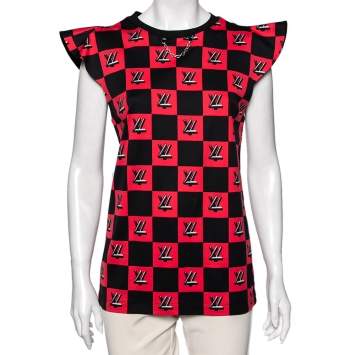Pre Owned Louis Vuitton Black and Pink Logo Checkered Knit Sleeveless Top L