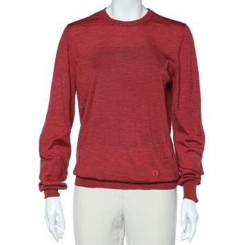 مملوكة مسبقًا Louis Vuitton Brick Red Wool & Silk Leather Patch Detail Crewneck Sweater L