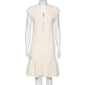 Pre Owned Louis Vuitton Cream Cotton Knit Front Zip Flared Hem Dress XL