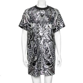 Pre Owned Louis Vuitton Monochrome Sequin Embellished T-Shirt Dress M
